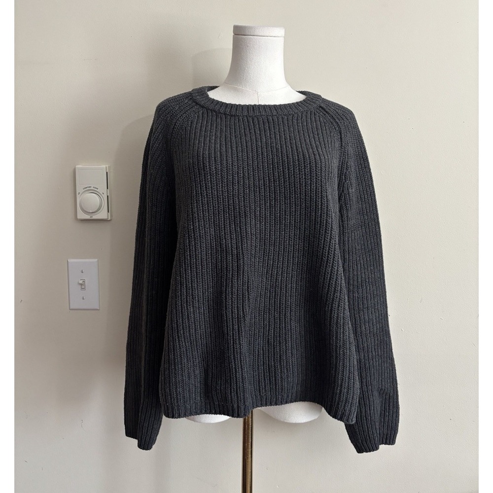 Quince Womens Large Fisherman Crewneck Sweater Charcoal Cotton Minimalist Cozy